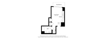 A floor plan of a home with a living room, kitchen, bath, and entry.