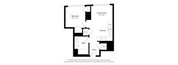 A black and white drawing of a house layout with a bedroom, living room, kitchen, bath, and entry.