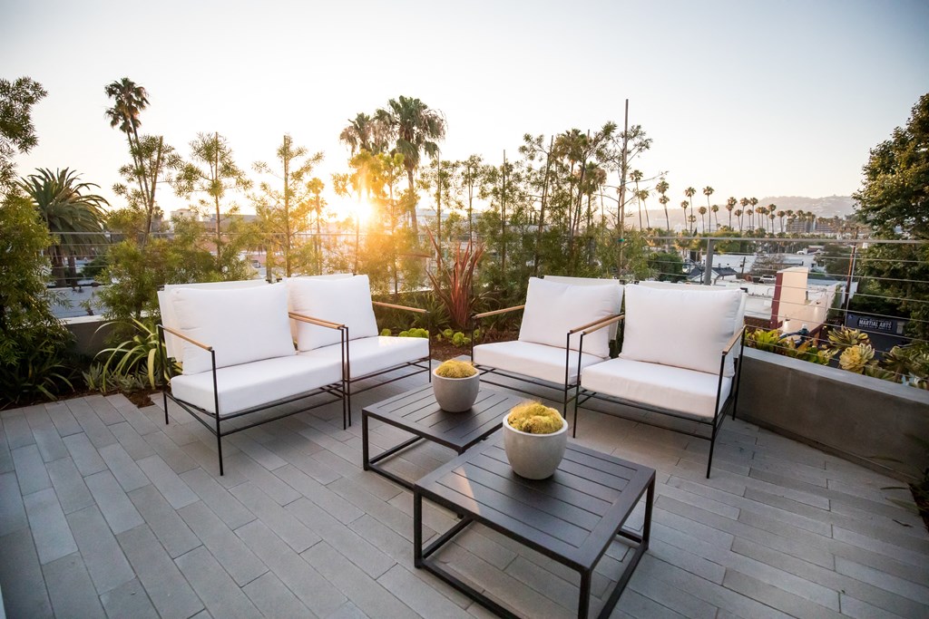 patio with furniture at sunset with palm tree background