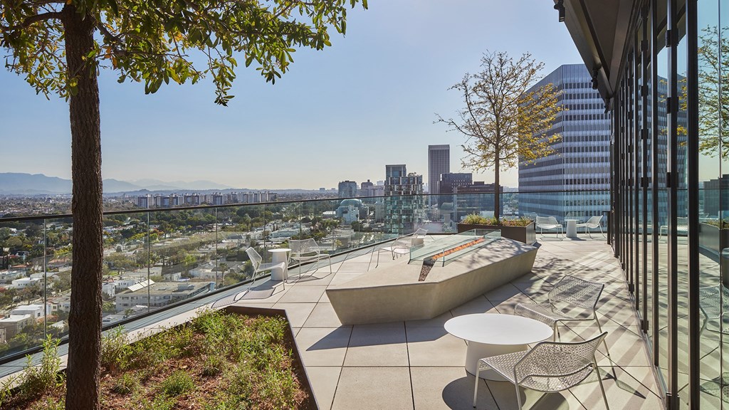 rooftop terrace with fire pit Sentral Beverly Hills apartments