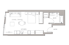 Open studio floorplan with angled living room