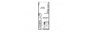 A drawing of a floor plan for a living room and kitchen.