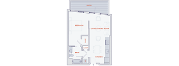A floor plan of a house with a bedroom, bathroom, kitchen, and living/dining room.