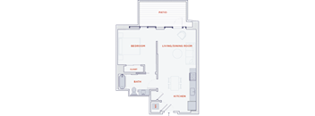 A floor plan of a house with a bedroom, living/dining room, kitchen, bath, and closet.