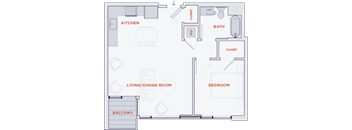 A floor plan of a house with a kitchen, living/dining room, bedroom, bathroom, and balcony.