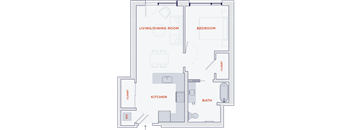 A floor plan of a small apartment with a kitchen, living room, and bathroom.