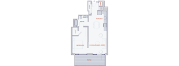 A floor plan of a house with a kitchen, living/dining room, bedroom, bath, and patios.