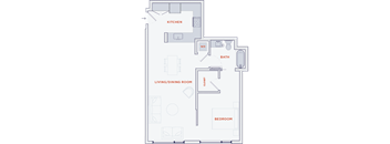 A floor plan of a house with a kitchen, living/dining room, bathroom, and bedroom.