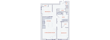 A floor plan of a house with two bedrooms, a living/dining room, a kitchen, and a bathroom.