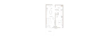A floor plan of a house with a kitchen, living room, dining room, and bathroom.