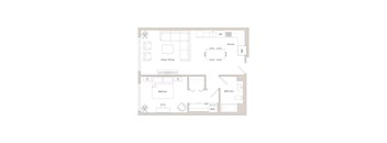 A floor plan of a house with a kitchen, dining area, bedroom, bathroom, and workspace.
