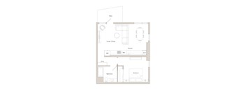 A floor plan of a house with a patio, living/dining area, kitchen, and bathroom.