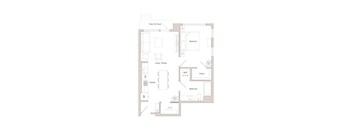 A floor plan of a house with a labeled kitchen, living/dining area, bedroom, and bathroom.