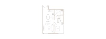A floor plan of a house with a kitchen, living room, dining room, and bedroom.