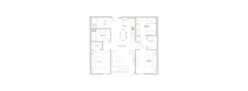 A floor plan of a two-bedroom apartment with a living room, kitchen, and bathroom.