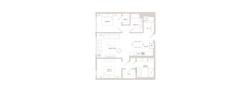 A floor plan of a house with a living room, dining room, kitchen, and two bathrooms.
