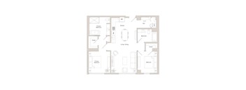 A floor plan of a house with a kitchen, living room, dining room, and bathrooms.