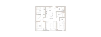 A floor plan of a house with a kitchen, living room, dining room, and two bedrooms.