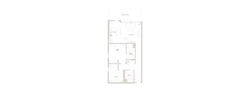 A floor plan of a small apartment with a kitchen, living room, and two bedrooms.