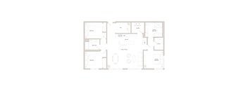 A floor plan of a house with a living room, dining room, kitchen, and two bedrooms.