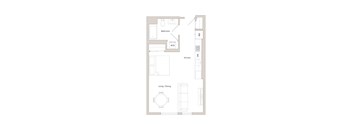 A floor plan of a small apartment with a living room, dining room, kitchen, and bathroom.