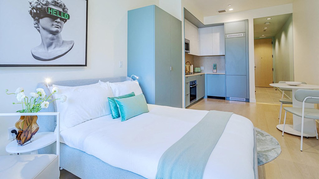 studio living area with bed and kitchen