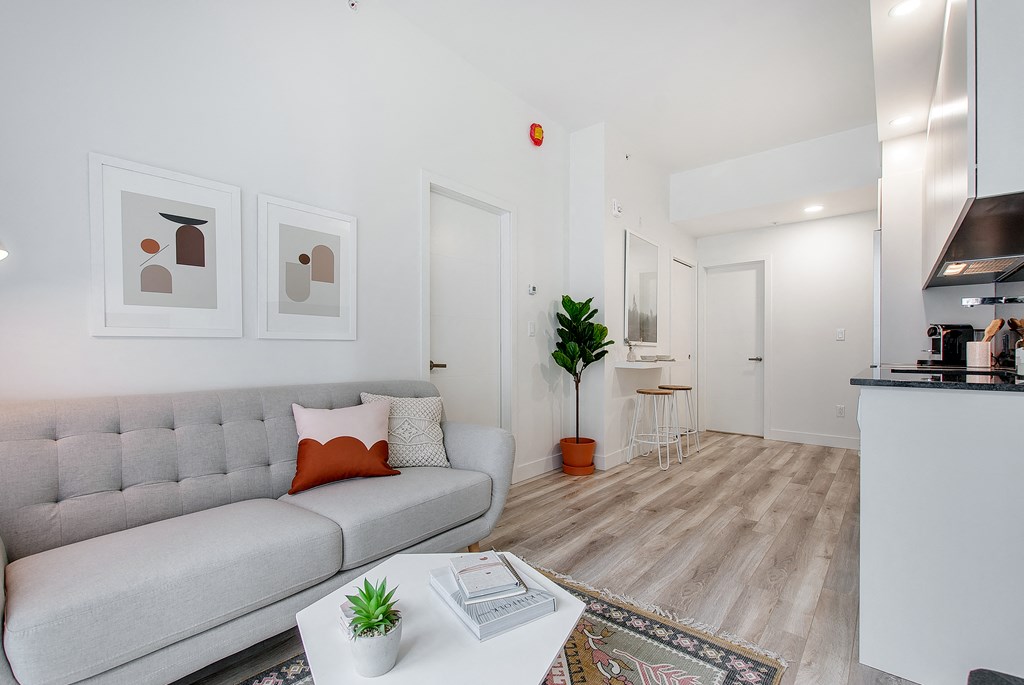 a living room with a couch and a coffee table