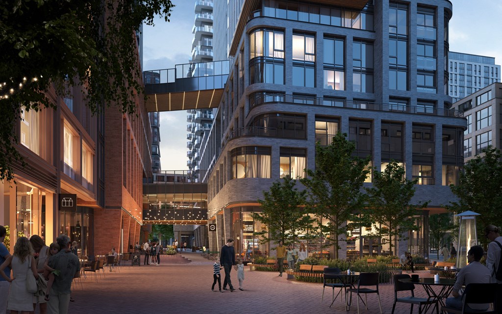 a rendering of a city street with people and buildings