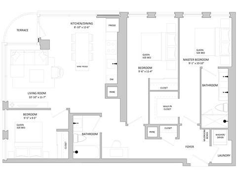 floor plan of the apartment with bedroom and living room