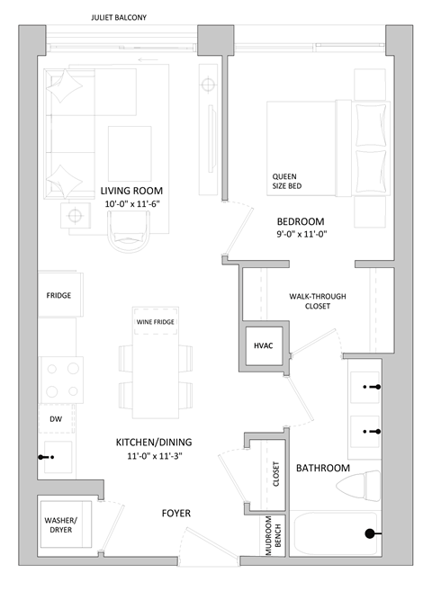 a floor plan of a small house with a bedroom and a living room