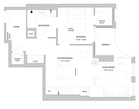 a floor plan of an apartment with a bedroom and a living room