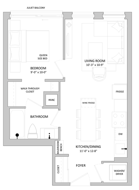 a floor plan of a small house with a bedroom and a living room