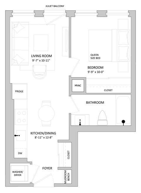 a floor plan of a house with a bedroom and a living room