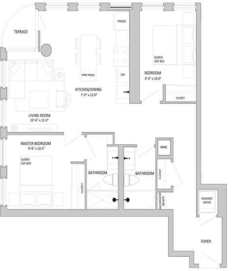 a floor plan of a living room with a fireplace and a staircase