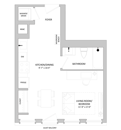a floor plan of an apartment with a bedroom and a living room