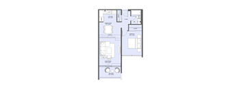 A floor plan of an apartment with a living room, dining room, kitchen, bedroom, and balcony.