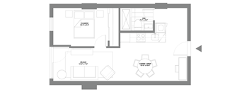 a floor plan of a house with a bedroom and a living room and a kitchen