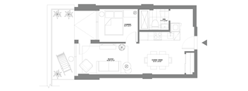 a floor plan of a small house with a bedroom and a living room