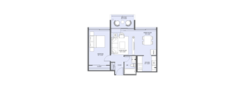 A floor plan of a small apartment with a living room, dining room, kitchen, and bedroom.
