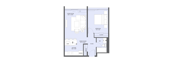 A floor plan of a small apartment with a living room, dining room, kitchen, and bedroom.
