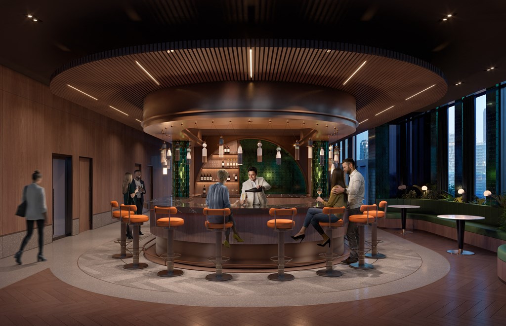 a rendering of a lobby with people sitting at a bar
