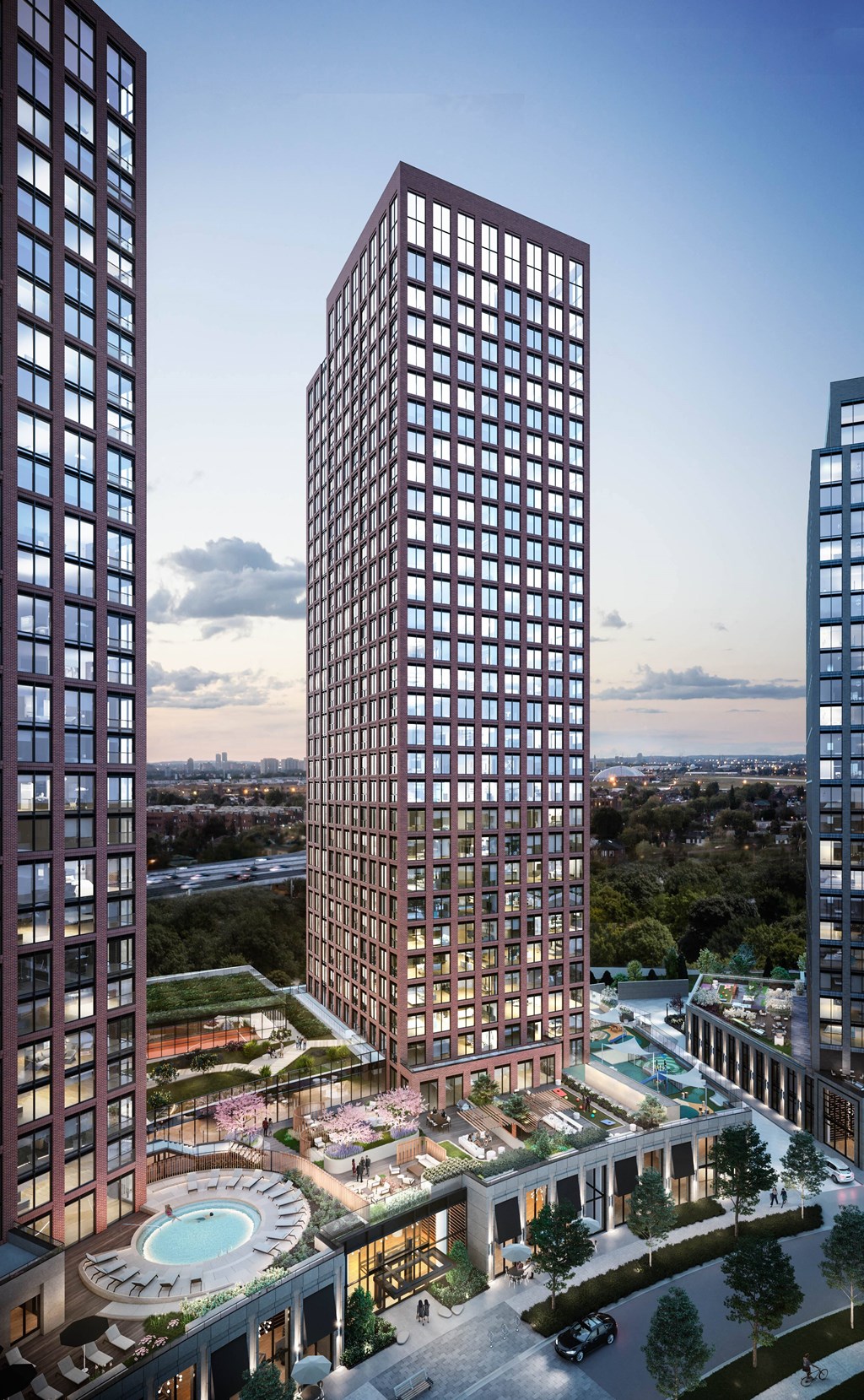 a rendering of a tall skyscraper with a courtyard in front of it