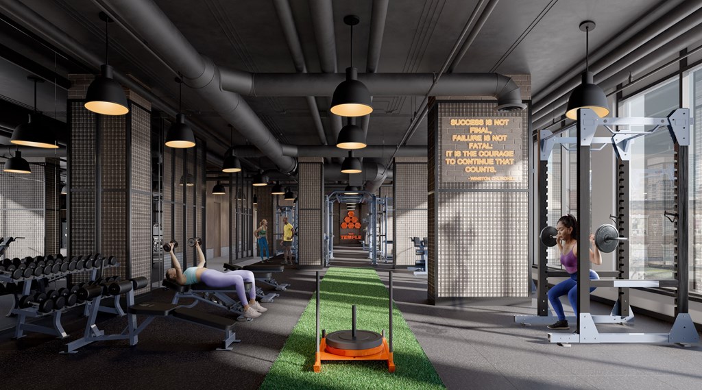 a rendering of a gym with people exercising in it