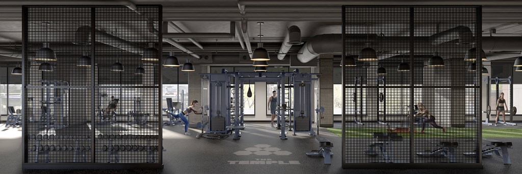 a rendering of a fitness center with exercise equipment and cages