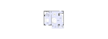 A floor plan of a house with a kitchen, living room, and bathroom.