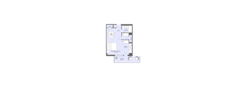 A floor plan of a house with a kitchen, living room, and bathroom.