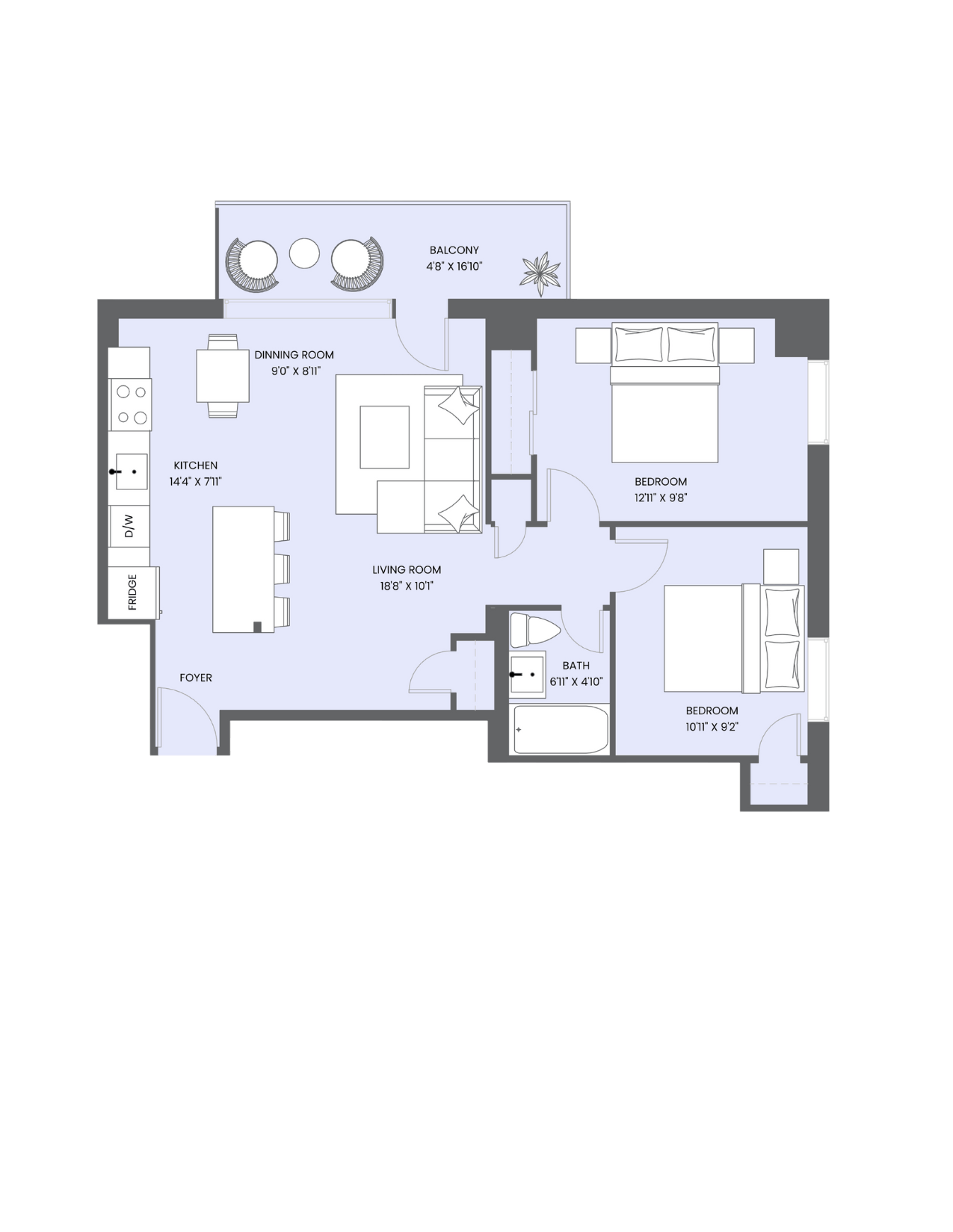 A floor plan of a house with a garage, living room, dining room, kitchen, and two bedrooms.
