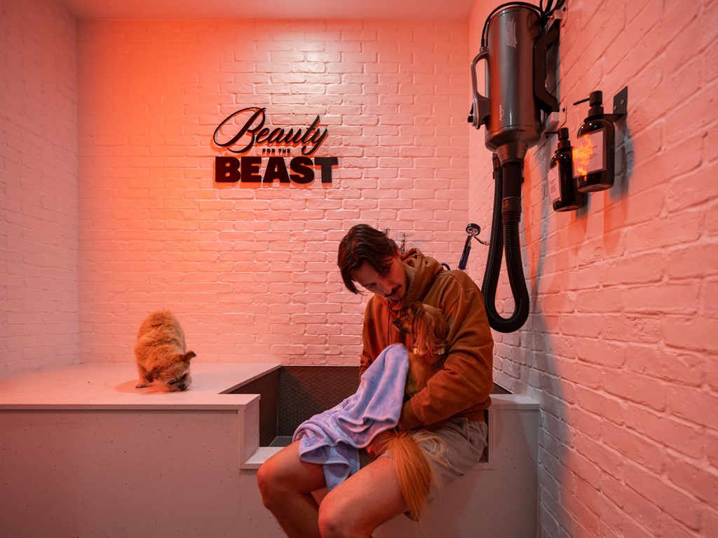 a man sitting on a bench in a room with a cat