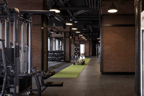 A gym with a green mat in the middle of the room.