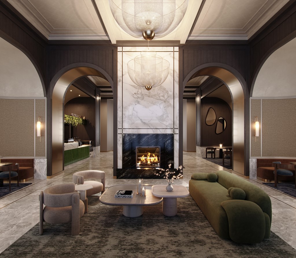 a rendering of the lobby of a hotel with a fireplace